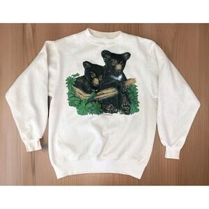 Vintage 80s Bear Cubs Nature Crewneck Sweatshirt Medium USA Hanes 1989 White